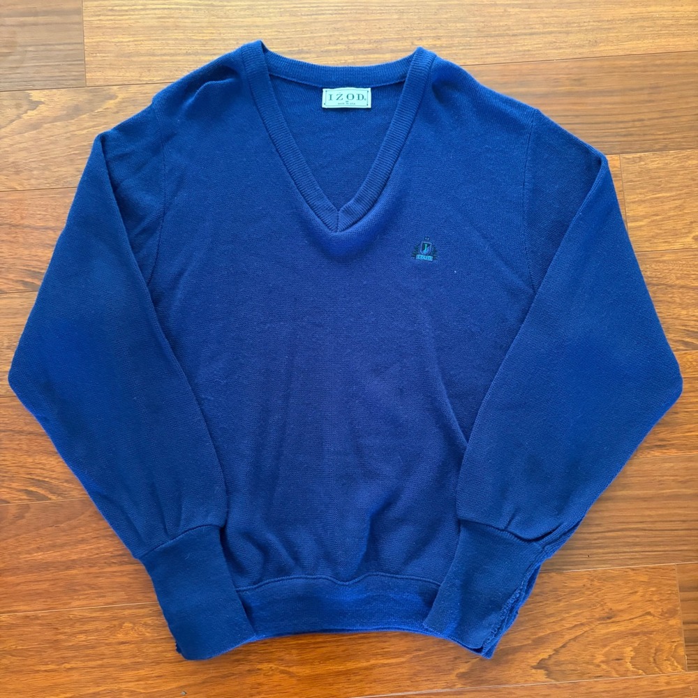 Vintage IZOD V Neck Sweater Mens Medium Blue Made In USA Preppy Crest